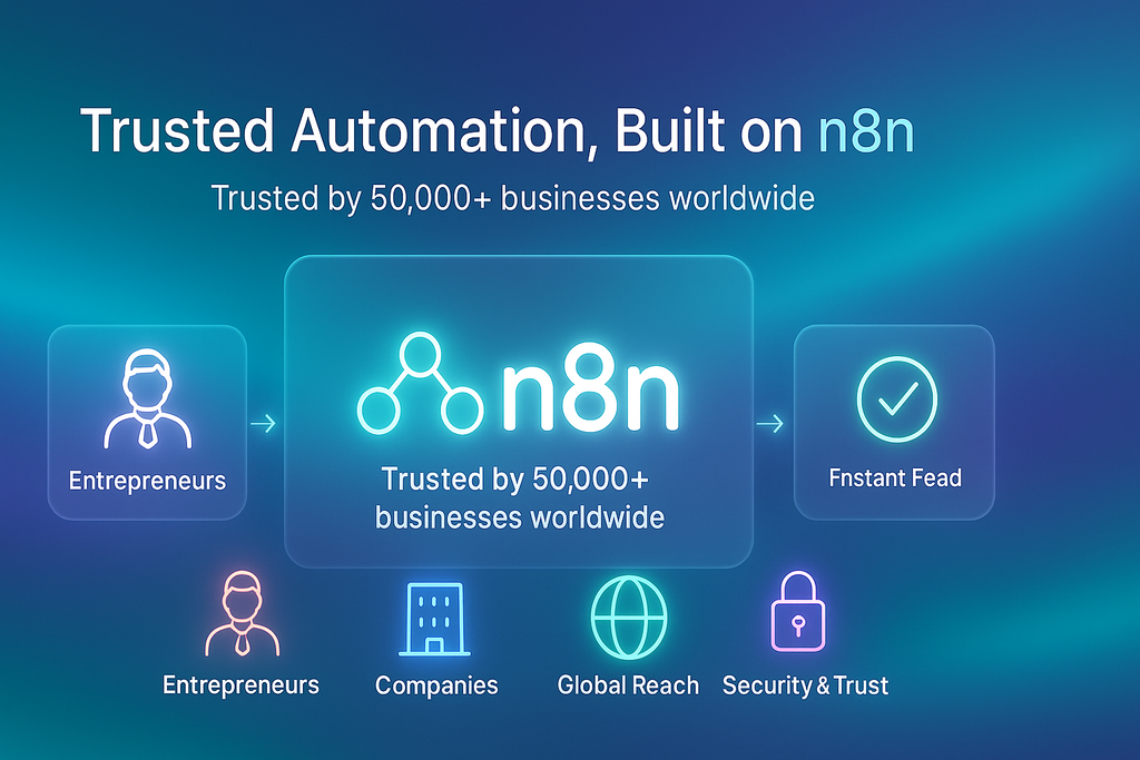 Promotional graphic for n8n, a trusted automation platform, with icons and text on a blue gradient background.