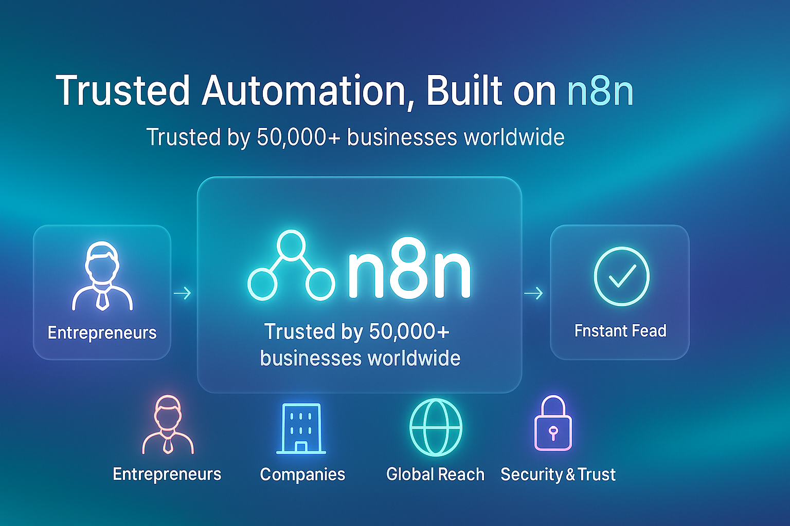 Promotional graphic for n8n, a trusted automation platform, with icons and text on a blue gradient background.