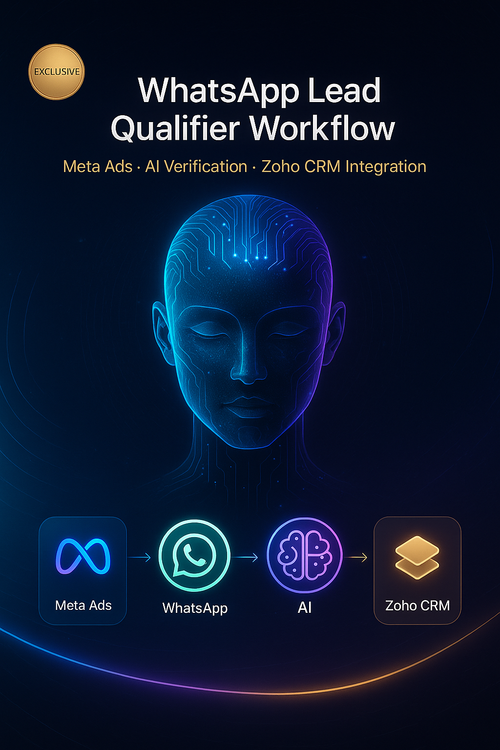 Diagram of WhatsApp Lead Qualifier Workflow with Meta Ads, AI Verification, and Zoho CRM Integration on a dark background.
