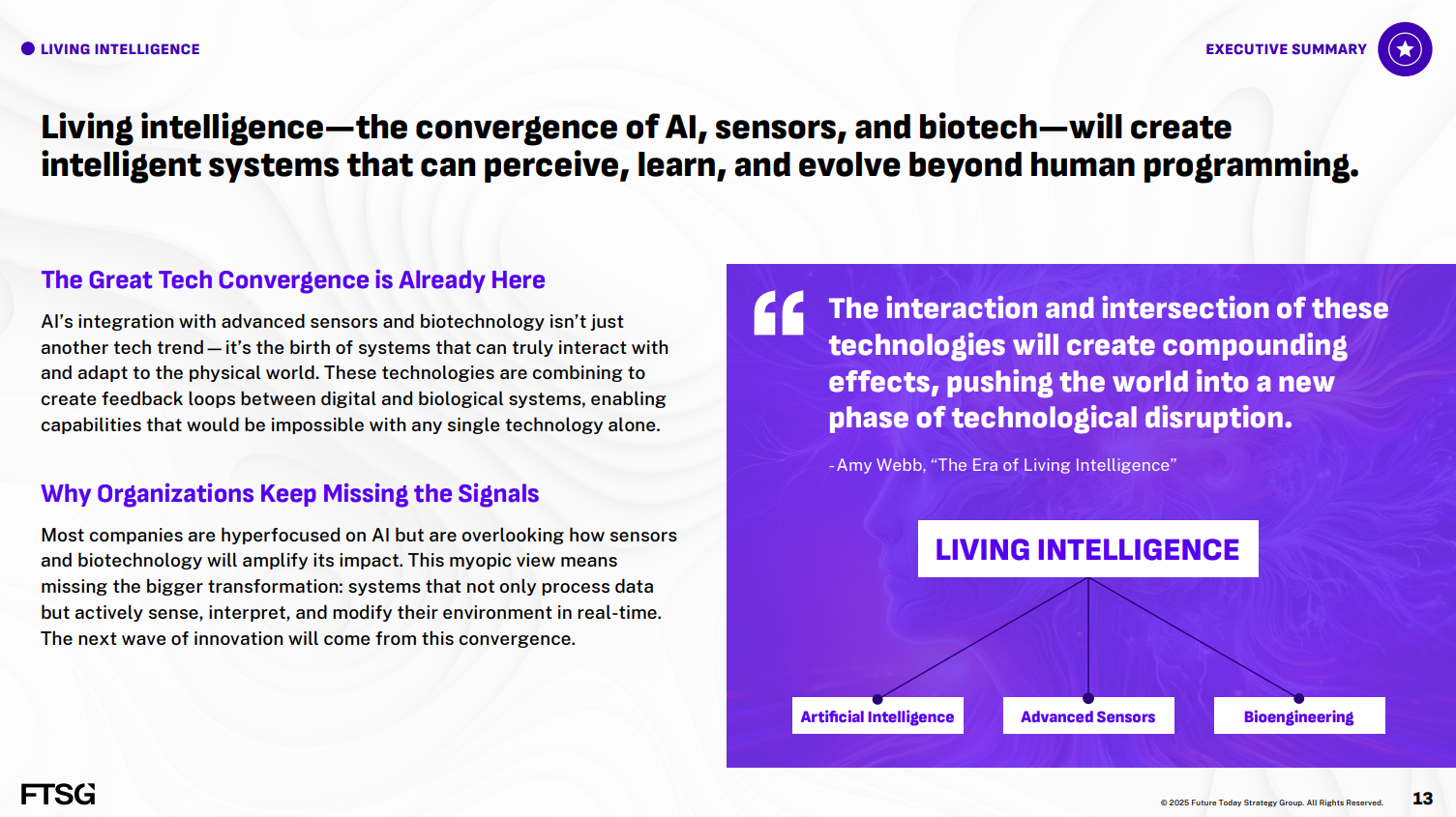 Page from a report or presentation about living intelligence, featuring text and a quote on a purple background.